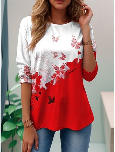  女性用 Tシャツ グラフィック バタフライ 植物 ヴィンテージ スタイリッシュ クラシック 長袖 クルーネック レギュラートップス 日常 週末 プリント ブラック ルビーレッド パープル ブラウン グリーン 夏 春