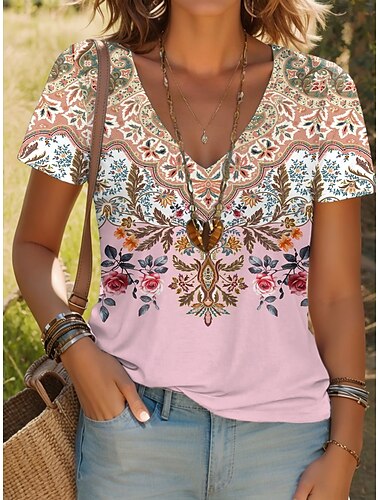  Damen T Shirt Blumen Grafik Paisley-Muster Vintage Stilvoll Klassisch Kurzarm V Ausschnitt Normale Oberteile Täglich Druck Schwarz Gelb Rosa Rote Purpur Sommer Frühling