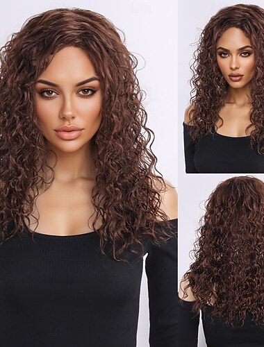  Perucas sintéticas Ondulado Trama Curly Corte em Camadas Partida Profunda Fabrico à Máquina Peruca 20 polegadas A1 Cabelo Sintético Mulheres Clássico Confortável Cores Gradiente Marrom