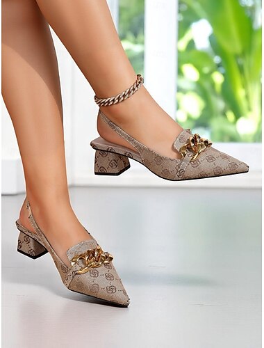  Damen-Slingback-Pumps mit spitzer Zehenpartie und goldenem Kettendetail, Jacquard-Pumps mit Blockabsatz für die Arbeit, Meetings und elegante Freizeit-Outfits