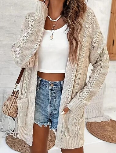  Damen Strickjacke Lässig Einfarbig Gerippt V Ausschnitt Gestrickt Langarm Normale Oberteile Stricken Outdoor Täglich Ferien Aprikose Herbst