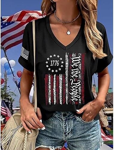  Женская патриотическая футболка графика американского флага винтажная стильная классическая с коротким рукавом V-образным вырезом регулярная повседневная печать черная темно-синяя темно-серая лето