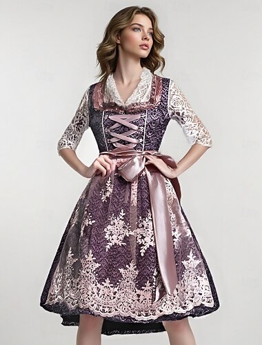  Vrouwen Paarse Kant Dirndl Jurk met Blouse en Roze Schort voor Oktoberfest Wiesn Feest