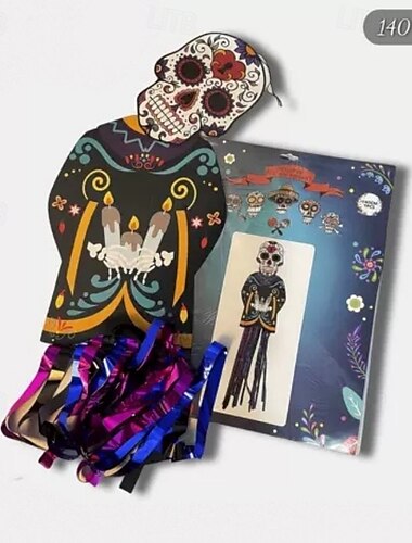  1,2 méteres halloweeni cukorkoponya függődekoráció mexikói parti tornácra, fémfóliával rojtozva mexikói fiestára halloweenre, a halottak napjára, udvarra, faoltárra, otthonra, beltérire, kültérire