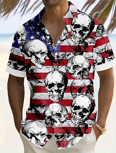  Jour de l'Indépendance Homme Drapeau américain Patriotique Crânes Chemise Chemise d'été Chemise Boutonnée Manche Courte Mode Décontractée Extérieur Vacances Tenue Quotidienne Été Col Rabattu