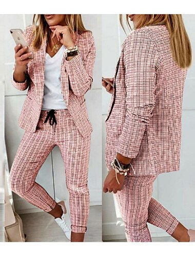  Women's Fashion Streetwear Daily Blazer Suits Long Sleeve Shirt Collar Plaid Print Office Work Black Pink Khaki Spring Regular Fit