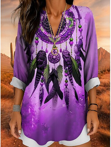  Damen Bluse Ombre Grafik Bohemien Vintage Tropisch Langarm V Ausschnitt Normale Oberteile Täglich Ferien Strandbekleidung Druck Gelb Rote Blau Purpur Fuchsie Sommer Frühling