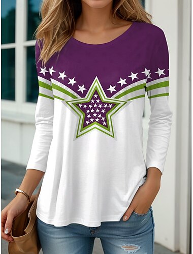  Unabhängigkeitstag Frauen Patriotic Vierte Juli T-Shirt Grafik Flagge Vintage Stylisch Klassisch Lange Ärmel Rundhals Reguläre Tops Täglich Druck Blau Lila Grün Sommer Frühling Herbst