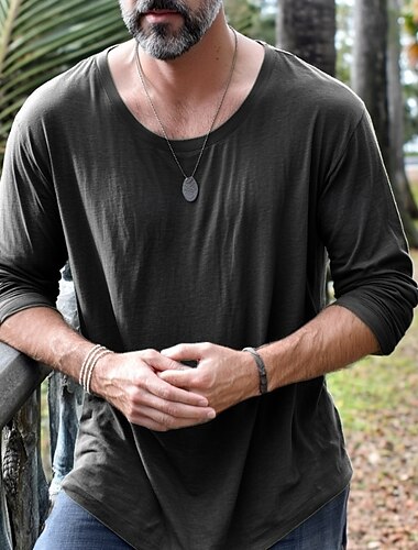  Herren T Shirt Langarmshirt Langarm Runden Henley Ganzjahres Einfarbig Traditionell / Vintage Lässig Rein Outdoor Heim Sport & Outdoor Schwarz Grün Marineblau Top T-Shirt für Herren