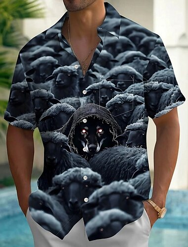  Herren Tiermotiv Schaf Lustig Sommer Hawaiihemd Knopfhemd Alohahemd Kurzarm Hawaiianisch Ferien Strandbekleidung Sommer Frühling Umlegekragen 3D-Druck Hemden mit Kragen Eine Tasche vorne Blau Orange