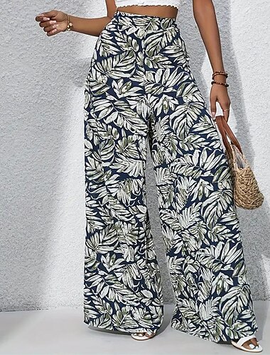  Damen Weites Bein Hosen Hose Lässig Boho Volle Länge Hohe Taille Pflanzen Tasche Elastisches Kordelzugdesign Atmungsaktivität Weich Mikroelastisch Urlaub Straße Alltagskleidung Waldgrün Rot Blau