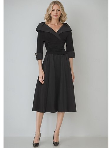  Sukienka A-Linia Sheath  Kolumna Suknia Matki Panny Młodej Elegancka Prosta Minimalistyczna V Dekolt Portretowy Kołnierz Herbaty Długości Tafeta Stretch Chiffon 3/4 Długości Rękaw z Guzikami