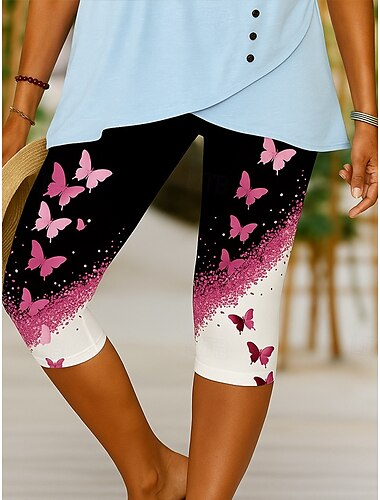  Dames Leggings Elegant Vakantie Modieus Capris Hoge taille Grafisch Vlinder Glitterglans Rekbaar Buiten Vakantie Causaal Geel Roze blauw Zomer Lente Mager