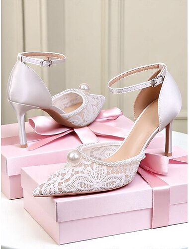  Escarpins de mariage à bout pointu en dentelle blanche pour femme, ornés de perles et bride à la cheville - chaussures de mariée élégantes pour la mariée