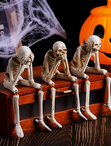  halloween-hartsiluurankohahmo, älä näe pahaa, älä kuule pahaa, älä puhu pahaa kallo kolmen viisaan luurankopatsas, aavemainen aavefestivaalin sisustus, kauhuluurankoaskartelukoriste