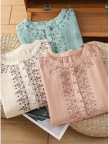  Dame Imitert bomullslin Broderi Knapper Helfarge Grunnleggende Fritid 3/4 ermer Crew-hals Vanlige topper Daglig Blå Rosa Aprikos Sommer
