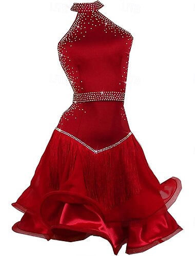  rotes schulterfreies, diamantbesetztes Latein-Tanzkleid für Damen, Wettkampf-Performance-Netzrock