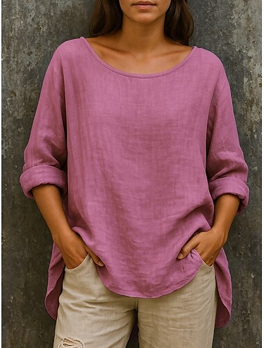  Damen Baumwoll-Leinen-Hemden Einfarbig Basic Lässig Langarm Rundhalsausschnitt Normale Oberteile Täglich Gerafft Rosa Himmelblau Grün Khaki Herbst