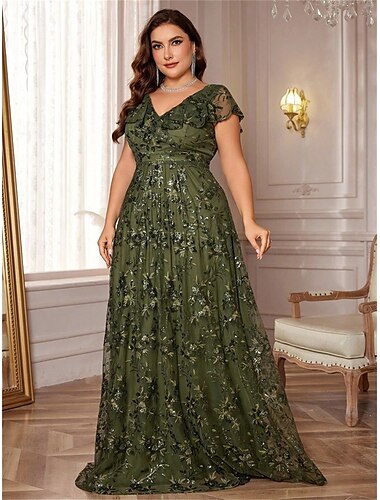  A-Linie Plus Size Kleider Elegantes Curve Kleid Formelle Hochzeit Bodenlänge Kurzarm V-Ausschnitt Polyester V-Rücken mit Pailletten 2025