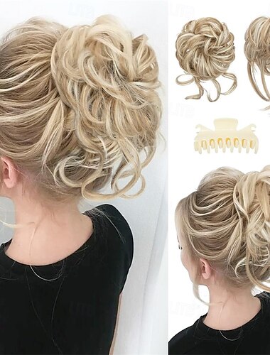  2 piezas de moño desordenado para mujer, pinzas desmontables, extensiones de cabello sintético ondulado y rizado para recogidos con zarcillos, coleteros falsos, extensión de cola de caballo, rubio