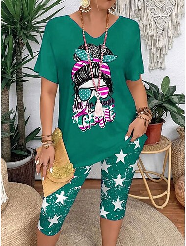  Unabhängigkeitstag Damen Patriottische Vierter Juli Vintage Stilvoll Zwei-Teile Sets T-Shirt Shorts Sets Kurzarm V-Ausschnitt Grafik Druck Täglich Wochenenddruck Rot Blau Lila Sommer Regulärer Schnitt
