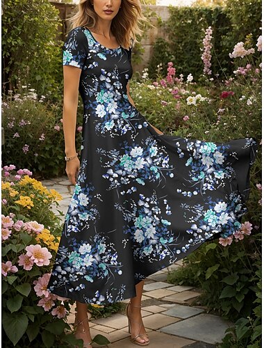 Damen Maxikleid Strickkleid Freizeitkleid A Linie Kleid Sommerkleid Elegant Urlaub Lässig Normale Passform Blumen Grafik Kurzarm Quadrathals Rundausschnitt Gelb Rote Blau Purpur Sommer Frühling