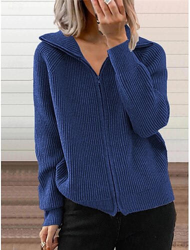  Damen Pullover Strickjacke Elegant Mode Streetwear Einfarbig Hemdkragen Reißverschluss Gestrickt Langarm Normale Oberteile Stricken Outdoor Täglich Wochenende Schwarz Blau Herbst Winter
