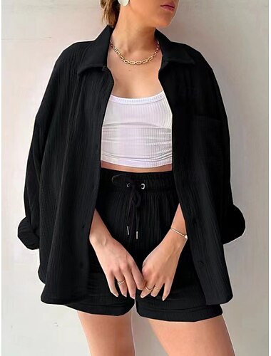  Damen Elegant Mode Streetwear Baumwoll-Leinen-Sets Langarm Hemdkragen Einfarbig Outdoor Arbeit Lässig Schwarz Purpur Orange Sommer Lässiger Schnitt