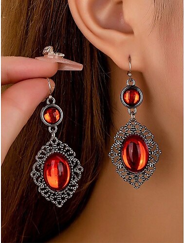  Pendientes colgantes vintage góticos para mujer con piedras preciosas rojas, diseño de filigrana de plata antigua para fiestas de Halloween y cosplay.