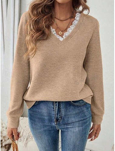  Damen Oberteil mit Spitzenspleiß Einfarbig Stilvoll Lässig Langarm V Ausschnitt Normale Oberteile Täglich Spitze Patchwork Schwarz Weiß Blau Beige Grau Frühling Herbst Winter