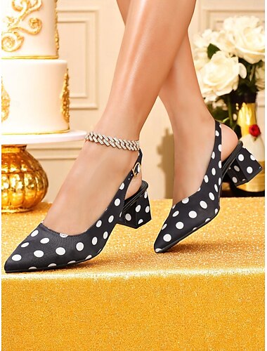  Damen-Pumps mit gepunktetem Slingback und Blockabsatz – elegante Schuhe im Vintage-Stil der 50er Jahre für Partys, das Büro und Retro-Events