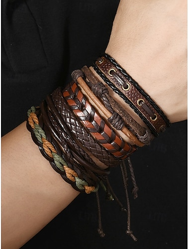  Set di braccialetti in pelle multistrato da uomo – braccialetti tribali intrecciati boho con vestibilità regolabile per outfit casual e festival musicali