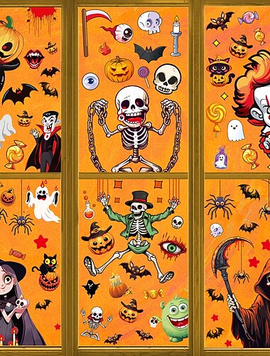 6 hojas de pegatinas adhesivas para ventana de Halloween, decoraciones de doble cara, esqueleto, bruja, murciélago, calabaza, araña, parca, pegatinas estáticas para decoración de paredes de vidrio