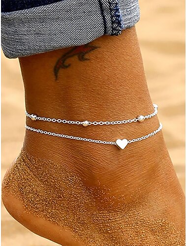  Gouden enkelbandje met dubbele laag en hartvormige hanger voor dames – sierlijke strandvoetsieraden met kralenkettingontwerp voor zomeruitjes en vakantiekleding
