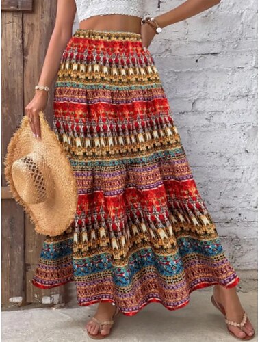  Femmes Jupe Trapèze Bohème ancien Occasionnel Maxi Taille haute Jupes Fleuri Imprimé Micro-Élastique Vacances Rue Jaune Rouge Été Polyester