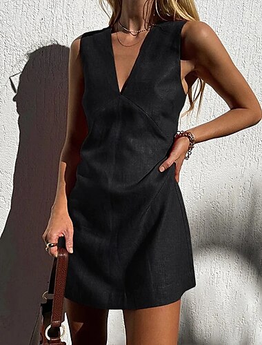  Damen Minikleid Shiftkleid Lässig Party Täglich Ferien Normale Passform Einfach Ärmellos V Ausschnitt Hanf Schwarz Weiß Rote Sommer