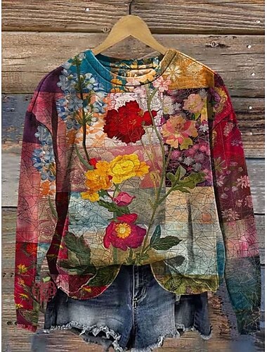  Damen Pullover Sweatshirt Blumen Grafik Warm Vintage Mode Langarm Rundhalsausschnitt Normale Oberteile Straße Alltagskleidung Lässig Druck Rote Blau Fuchsie Braun Grün Frühling Herbst Winter