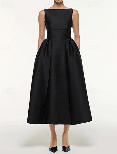  A-Linie Cocktailkleider Elegant Kleid Formell Hochzeit Tee-Länge Ärmellos U-Boot-Ausschnitt Satin mit Falten Tasche 2025