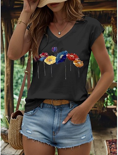 Damen Blumen Camisole Tank Top Vintage Stilvoll Klassisch Ärmellos Kurzarm V-Ausschnitt Normal Oberteile Alltags Print Schwarz Weiß Gelb Rosa Blau Sommer Frühling