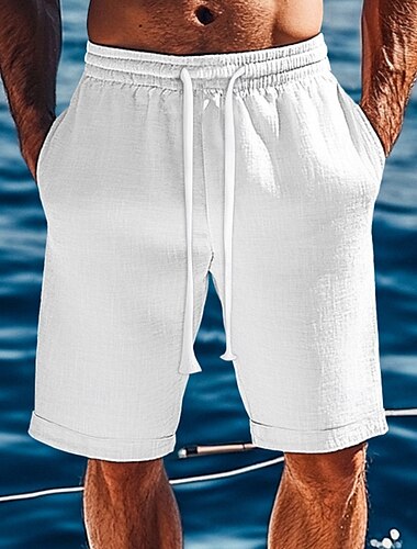  Hombre Pantalón corto Pantalones cortos de lino Pantalones cortos de verano Pantalones cortos de playa Bolsillo Correa Cintura elástica Plano Comodidad Transpirable Longitud de la rodilla Vacaciones