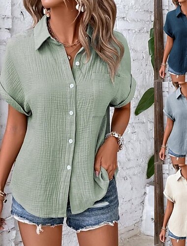 Damen Hemd Einfarbig Vintage Tropisch Stilvoll Kurzarm Hemdkragen Normale Oberteile Arbeit Täglich Marineblau Weiß Hellgrün Aprikose Sommer