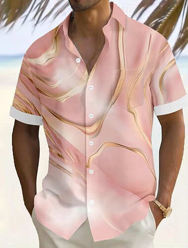  Men's Geometric Marble Abstract Liquid Art Shirt Summer Shirt Button Up Shirt Short Sleeve Fashion Casual Vacation Holiday Streetwear Summer Turndown 3D Print Front One Pocket Linen Like Shirt Pink