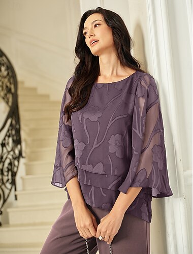 Damen Spitzenbluse Bluse Elegante Oberteile Chiffon Tops Einfarbig Blumen Elegant Stilvoll Halbarm Flattrige Ärmel U-Boot-Ausschnitt Normale Oberteile Hochzeitsgast Arbeit Täglich Asymmetrischer Saum