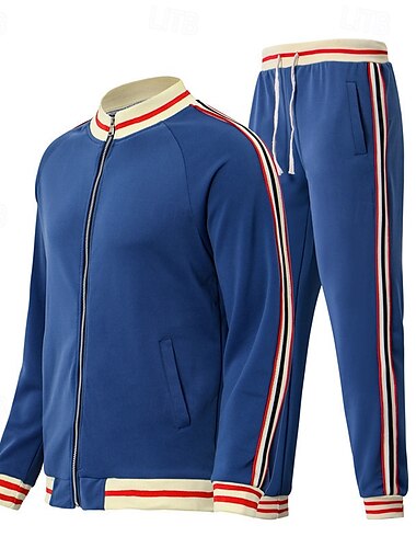  Per uomo Completi T-shirt Completi camicia e pantaloni Outfit 2 pezzi Manica Lunga Collo alla coreana Estate A righe Moda Casual 2 Pezzi Vacanza Abbigliamento quotidiano Uscire Nero Rosso Blu marino