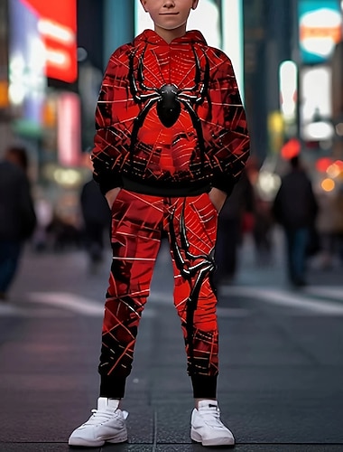  男の子 3D SPIDER パーカー＆スウェットパンツセット スポーツスーツ トラックスーツ 長袖 春 秋 日常 ベーシック カジュアル 子供 4〜12年 フード付き アウトドア バケーション スポーツ テイラーフィット