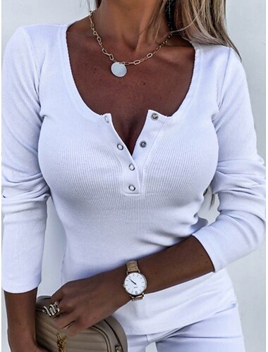  Damen T Shirt Einfach Mode Stilvoll Basic Langarm Rundhalsausschnitt Normale Oberteile Täglich Wochenende Knöpfe Schwarz Weiß Grün Khaki Sommer