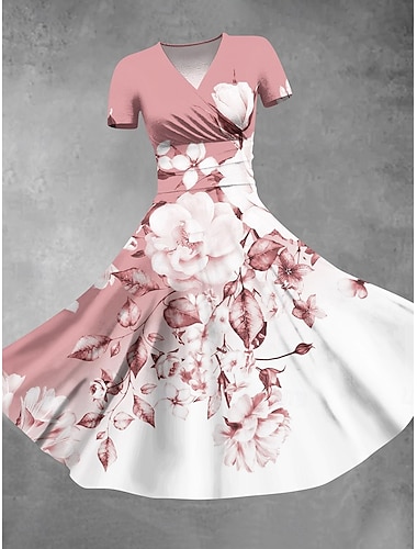  Damen Midikleid Sommerkleid Figurbetontes Kleid Party Lässig Täglich Ferien Normale Passform Grafik Abstrakt Kurzarm V Ausschnitt Rosa Blau Grün Sommer
