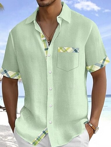  Herren Geometrisch Schachbrett Karo / Karomuster Hemd Sommerhemd Knopfhemd Kurzarm Modisch lässig Urlaub Ferien Streetwear Sommer Umlegekragen 3D-Druck Eine Tasche vorne Leinenähnliches Hemd Blau Grün