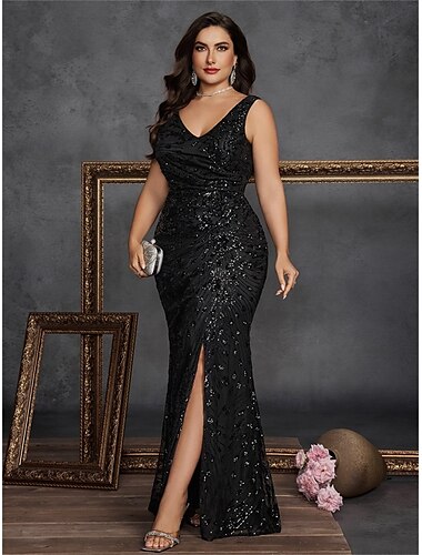  Meerjungfrau  Trompete Plus Size Kleider Elegantes Curve Kleid Formelle Hochzeit Bodenlänge Ärmellos V-Ausschnitt Paillettierter V-Rücken mit Pailletten-Schlitz 2025