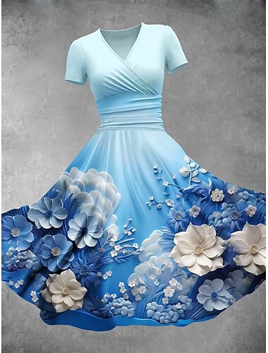  Damen Midikleid Shiftkleid Sommerkleid Elegant Urlaub Lässig Normale Passform Blumen Grafik Kurzarm V Ausschnitt Rote Blau Leicht Blau Sommer Frühling